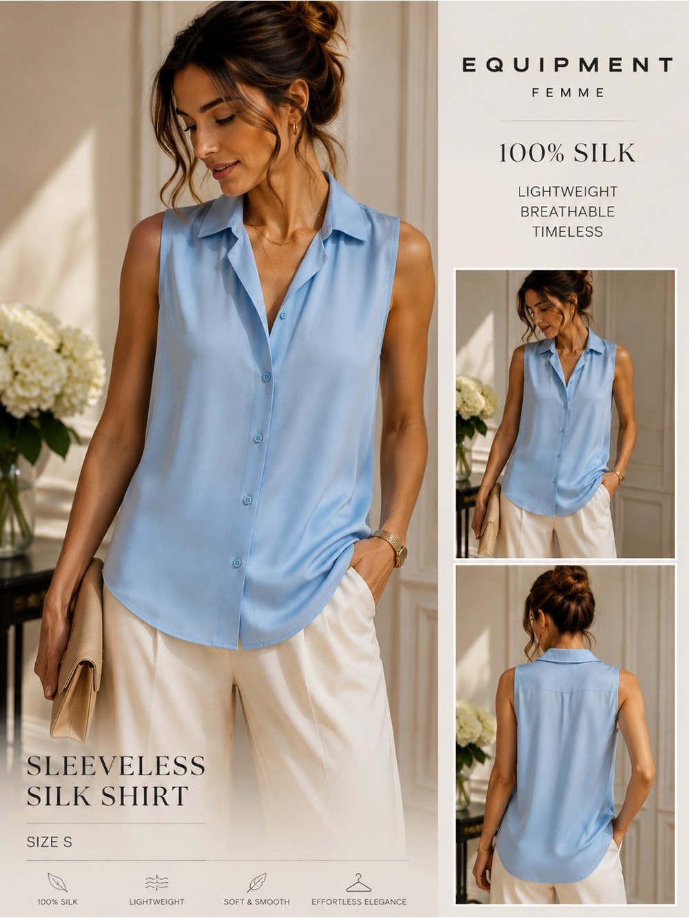 Equipment Sleeveless Silk Blouse in Powder Blue